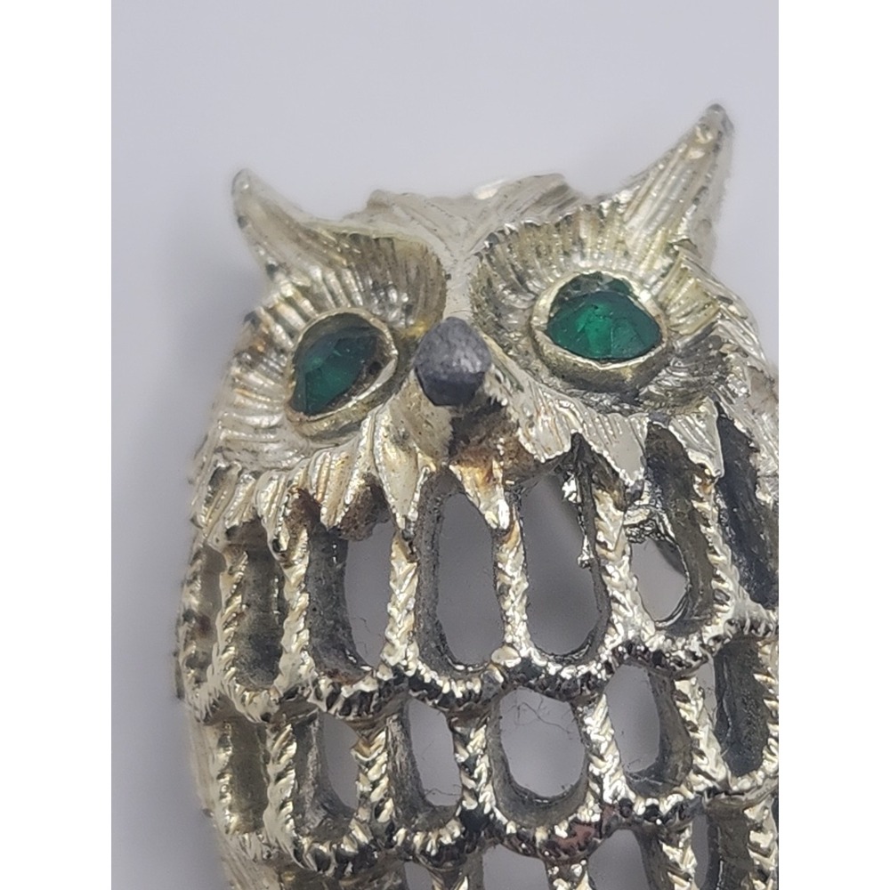 Vintage Napier GoldTone Owl Bird Green Rhinestone Eyes 1.50" Brooch Pin - Picture 6 of 6